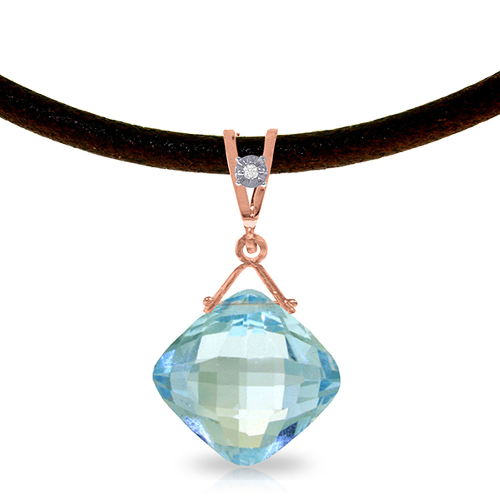 14K. GOLD & LEATHER NECKLACE W/ DIAMOND & BLUE TOPAZ (Rose Gold)
